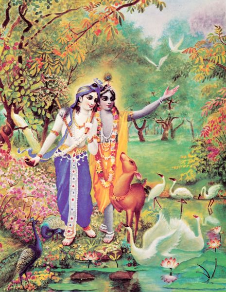 During Krsna and Balarama's advent, the forest of Vrndavana was full of bees, fruits, flowers, vegetables and pasturing grass.